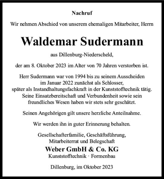Traueranzeige von Waldemar Sudermann von Dill Block