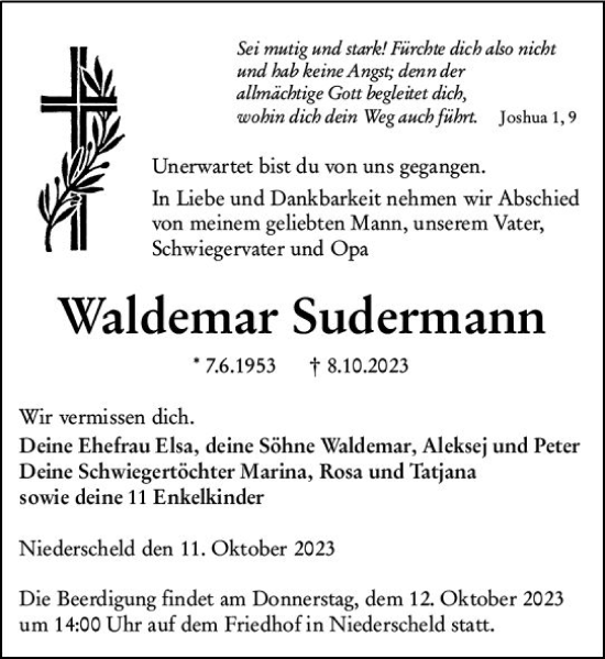Traueranzeige von Waldemar Sudermann von Dill Block