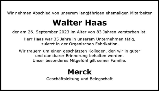 Traueranzeige von Walter Haas von Darmstädter Echo