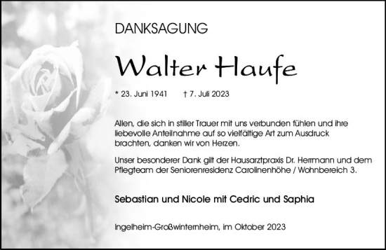 Traueranzeige von Walter Haufe von Allgemeine Zeitung Bingen/Ingelheim