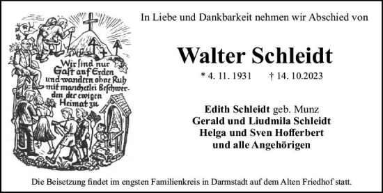 Traueranzeige von Walter Schleidt von Darmstädter Echo