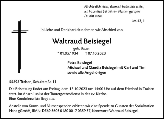 Traueranzeige von Waltraud Beisiegel von Allgemeine Zeitung Bad Kreuznach