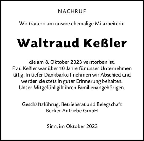 Traueranzeige von Waltraud Keßler von Dill Block