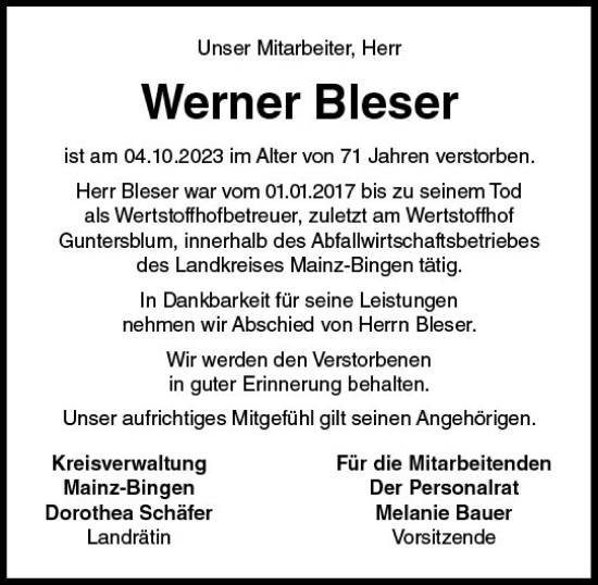 Traueranzeige von Werner Bleser von Allgemeine Zeitung Mainz