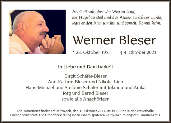 Traueranzeige von Werner Bleser von Allgemeine Zeitung Mainz