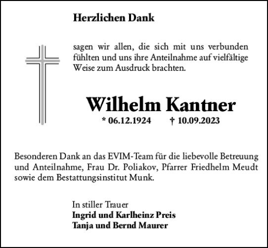 Traueranzeige von Wilhelm Kantner von Hochheimer Zeitung