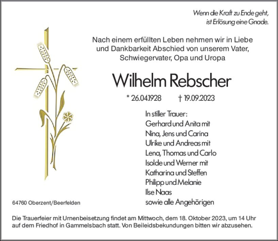 Traueranzeige von Wilhelm Rebscher von Odenwälder Echo