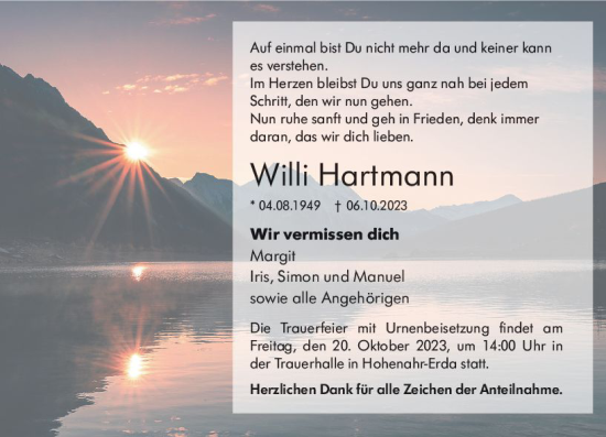 Traueranzeige von Willi Hartmann von Wetzlarer Neue Zeitung
