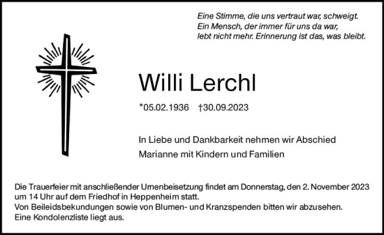 Traueranzeige von Willi Lerchl von Starkenburger Echo