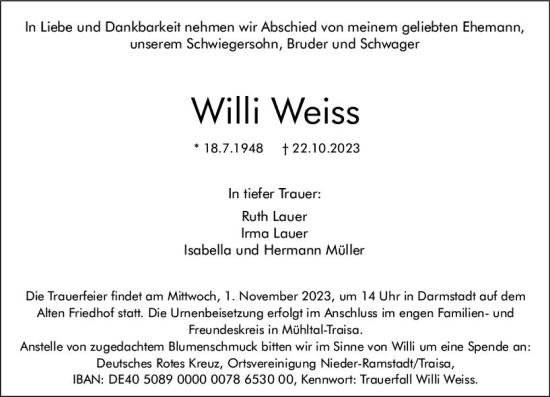 Traueranzeige von Willi Weiss von Darmstädter Echo