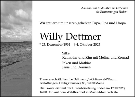 Traueranzeige von Willy Dettmer von Allgemeine Zeitung Mainz