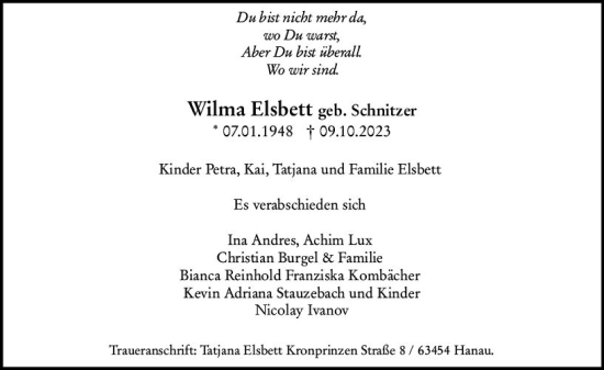 Traueranzeige von Wilma Elsbett von Bingen/Ingelheim WOBL inkl. Neue Binger Ztg.