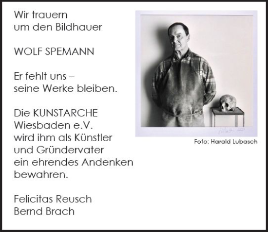 Traueranzeige von Wolf Spemann von Wiesbadener Kurier
