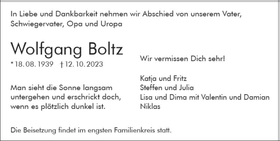 Traueranzeige von Wolfgang Boltz von Darmstädter Echo