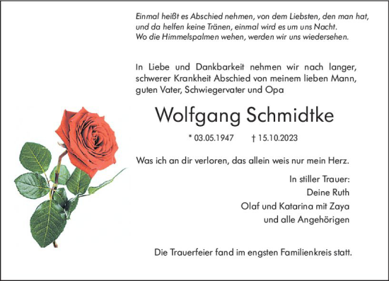 Traueranzeige von Wolfgang Schmidtke von Odenwälder Echo