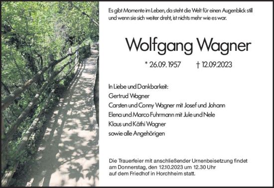 Traueranzeige von Wolfgang Wagner von Wormser Zeitung