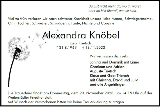 Traueranzeige von Alexandra Knöbel von Darmstädter Echo