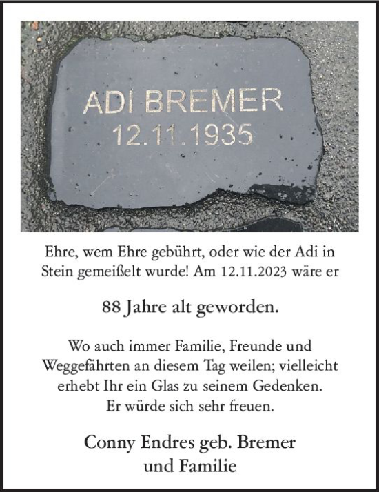 Traueranzeige von Adi Bremer von Wiesbadener Kurier