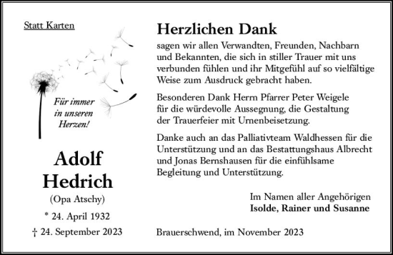 Traueranzeige von Adolf Hedrich von Oberhessen Kurier