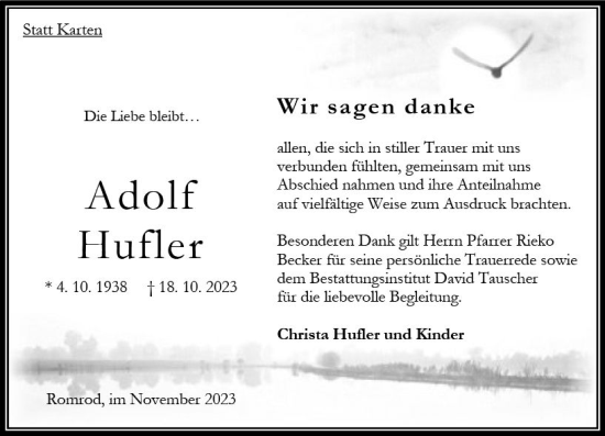 Traueranzeige von Adolf Hufler von Oberhessen Kurier
