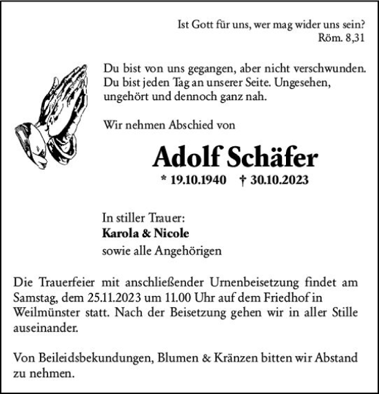 Traueranzeige von Adolf Schäfer von Weilburger Tageblatt