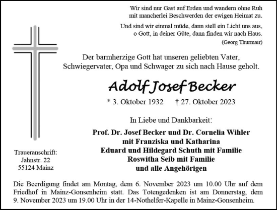 Traueranzeige von Adolf Josef Becker von Allgemeine Zeitung Mainz