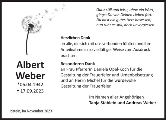 Traueranzeige von Albert Weber von Idsteiner Land/Untertaunus