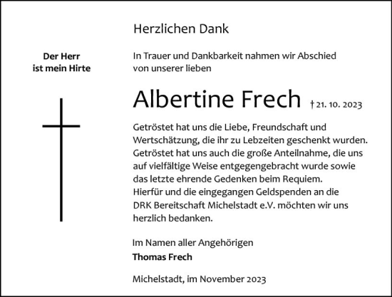 Traueranzeige von Albertine Frech von Odenwälder Echo