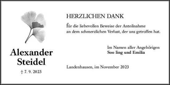 Traueranzeige von Alexander Steidel von Oberhessen Kurier