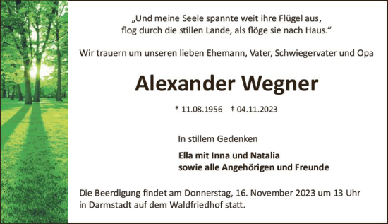 Traueranzeige von Alexander Wegner von Darmstädter Echo