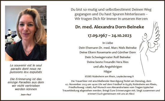 Traueranzeige von Alexandra Dorn-Beineke von Wiesbadener Kurier