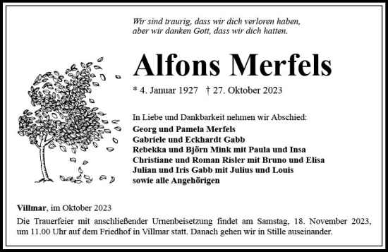 Traueranzeige von Alfons Merfels von Nassauische Neue Presse