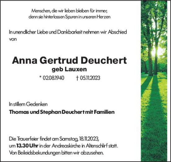 Traueranzeige von Anna Gertrud Deuchert von VRM Trauer