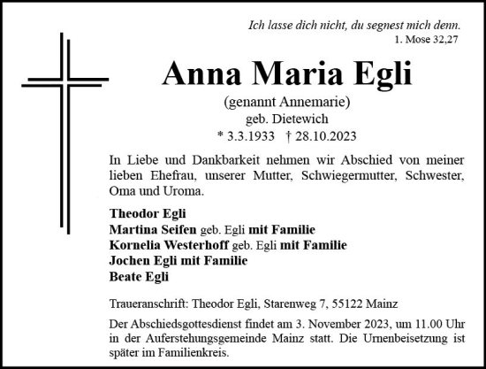 Traueranzeige von Anna Maria Egli von Allgemeine Zeitung Mainz