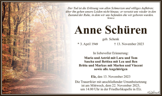 Traueranzeige von Anne Schüren von Nassauische Neue Presse