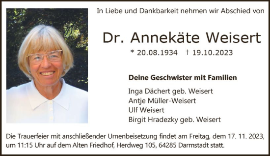 Traueranzeige von Annekäte Weisert von Darmstädter Echo