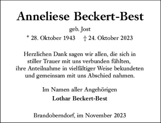 Traueranzeige von Anneliese Beckert-Best von Wetzlarer Neue Zeitung