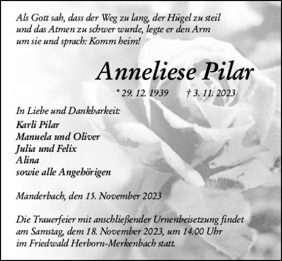 Traueranzeige von Anneliese Pilar von Dill Block