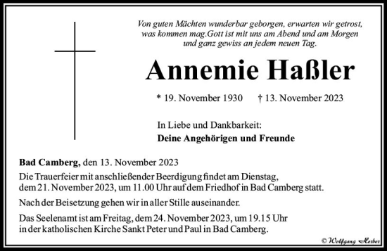 Traueranzeige von Annemie Haßler von Nassauische Neue Presse