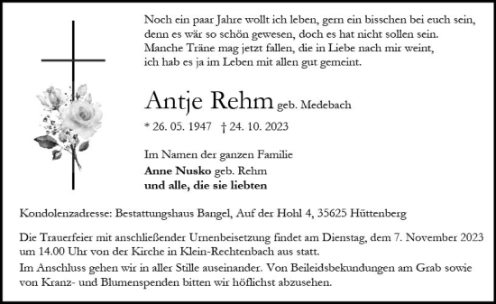 Traueranzeige von Antje Rehm von Wetzlarer Neue Zeitung