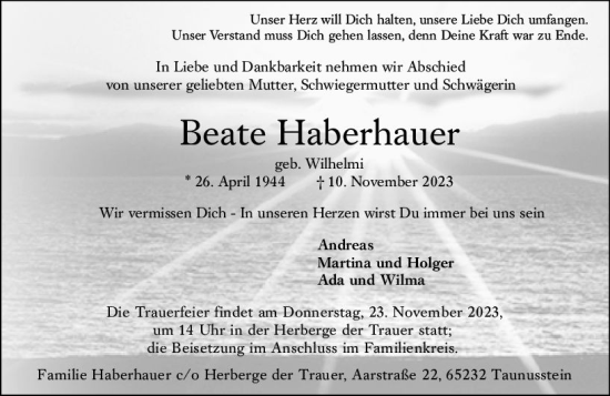Traueranzeige von Beate Haberhauer von Wiesbadener Kurier