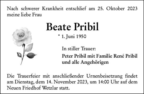 Traueranzeige von Beate Pribil von Wetzlarer Neue Zeitung