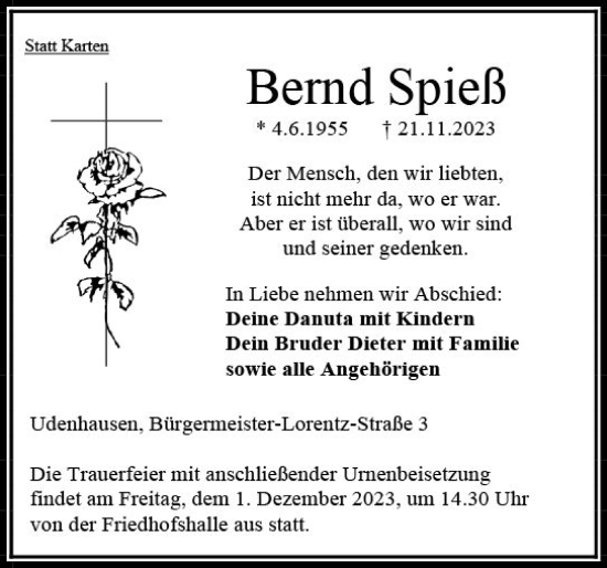 Traueranzeige von Bernd Spieß von VRM Trauer