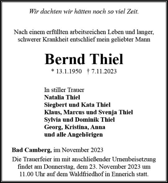 Traueranzeige von Bernd Thiel von Camberger Anzeiger