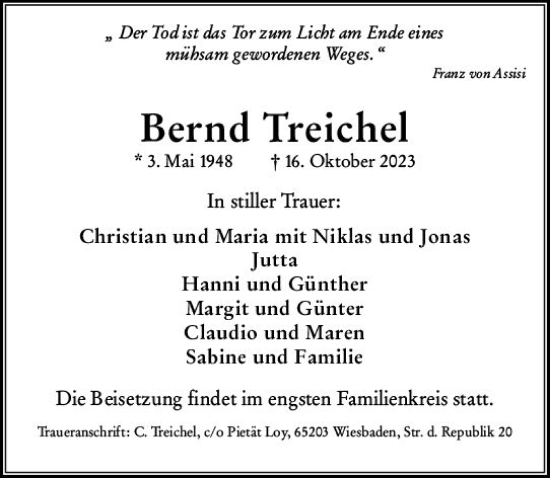 Traueranzeige von Bernd Treichel von Wiesbadener Kurier