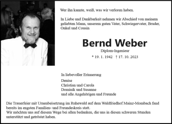 Traueranzeige von Bernd Weber von Allgemeine Zeitung Mainz