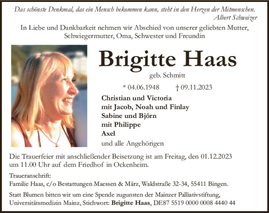 Traueranzeige von Brigitte Haas von Allgemeine Zeitung Bingen/Ingelheim