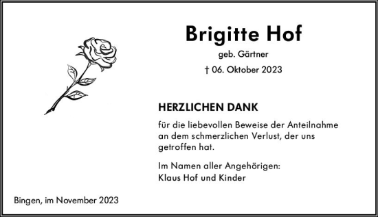 Traueranzeige von Brigitte Hof von Allgemeine Zeitung Bingen/Ingelheim