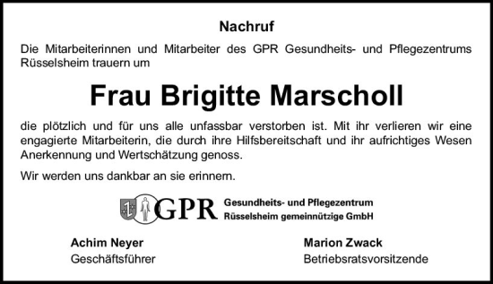 Traueranzeige von Brigitte Marscholl von Rüsselsheimer Echo