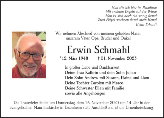 Traueranzeige von Erwin Schmahl von Allgemeine Zeitung Mainz
